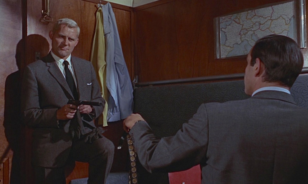 Robert Shaw stands on an apple crate in From Russia With Love