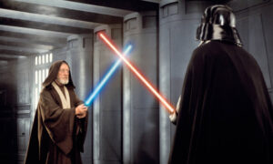 Obi Wan Kenobi and Darth Vader duel in Star Wars A New Hope